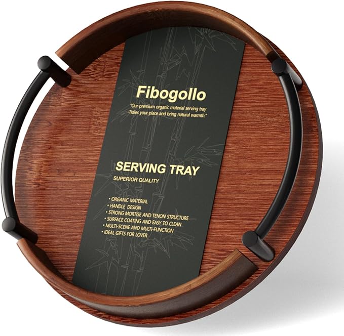 Fibogollo Bamboo Tray with Metal Handle, 9.84inches; Ottoman-Style Round by Fibogollo
