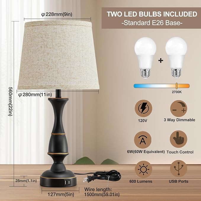 Luvkczc Touch Table Lamps Set of 2, Dimmable Nightstand Lamps - Image 3