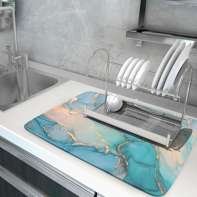 Marble Dish Drying Mat for Kitchen Counter Blue Teal Turquoise Gold Drying Mat - Image 5