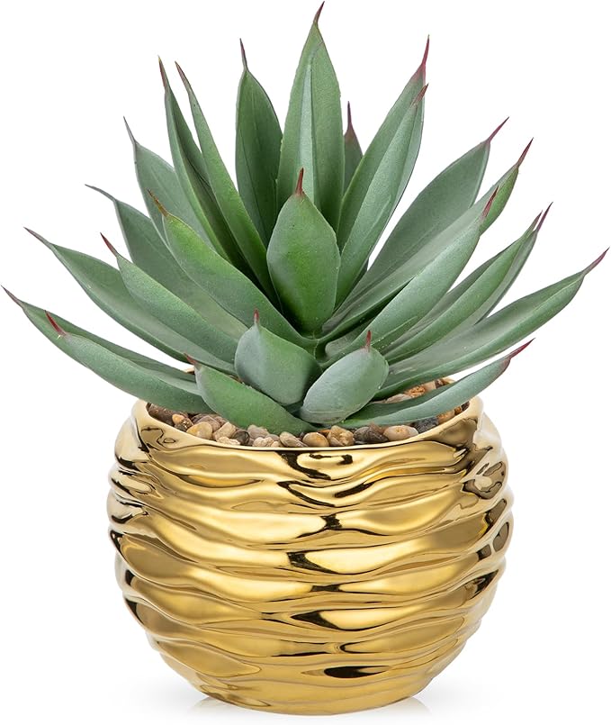 Briful Artificial Succulent Plant in Gold Pot, 8.3” Tall Faux Agave Plants by Briful
