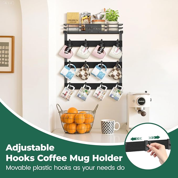 EsLuker.ly Coffee Mug Holder Wall Mounted Display Rack, Metal Cup Hanger - Image 2