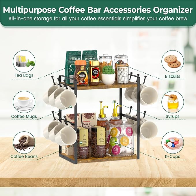 EsLuker.ly Coffee Station Bar Organizer Mug Holder Stand Countertop, 2 Tier Mug - Image 4