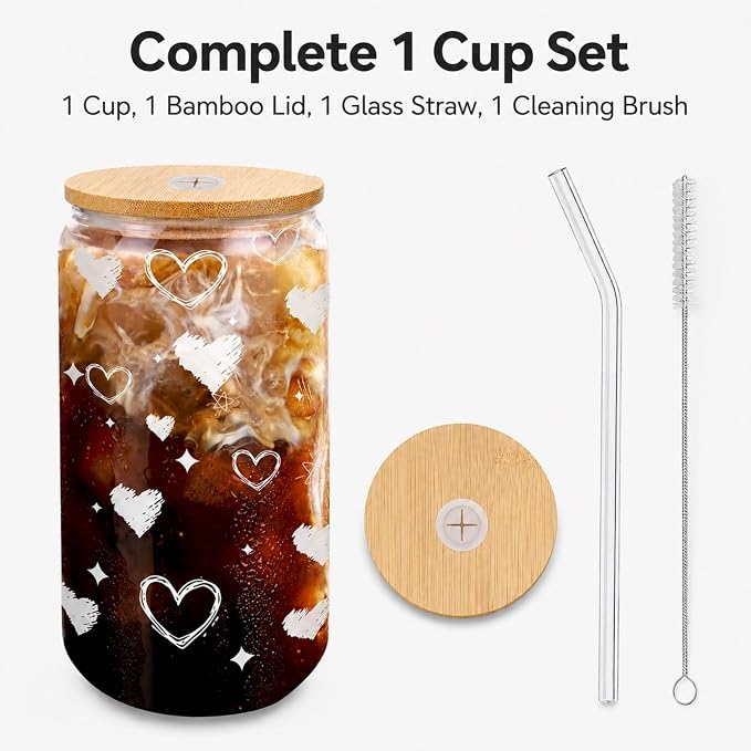 Glass Cup with Lid and Straw, 16 oz Cute Iced Coffee Cup with Heart Design - Image 2
