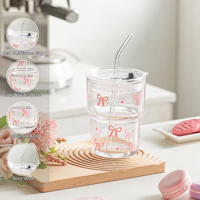 INSETLAN 13oz Bow Decal Glass Tumblers Set of 2, Thick Wall Glass Cups - Image 8
