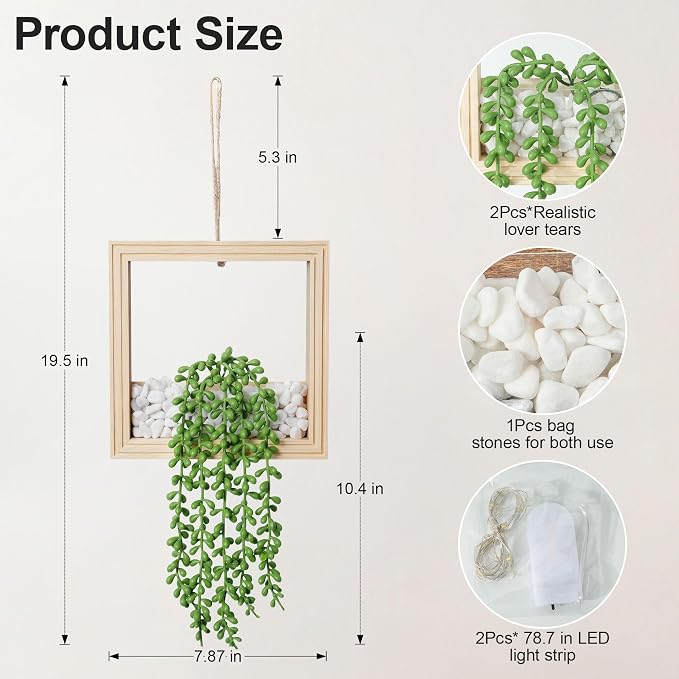 2 Pack Fake Plants Hanging, Artificial Succulents Plants in Square Wooden Frame - Image 4