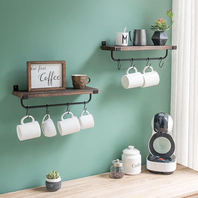 Mkono Mug Holder Wall Mounted Coffee Mug Rack Set of 2 Rustic Floating Shelf - Image 2