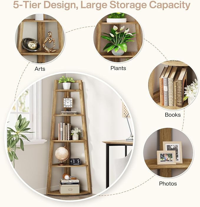 Tribesigns 70 inch Tall Corner Shelf, 5 Tier Modern Corner Bookshelf Bookcase - Image 7