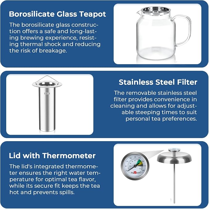 Aquach 68oz Glass Teapot with Thermometer, Stovetop Safe Tea Pot | Dishwasher - Image 5
