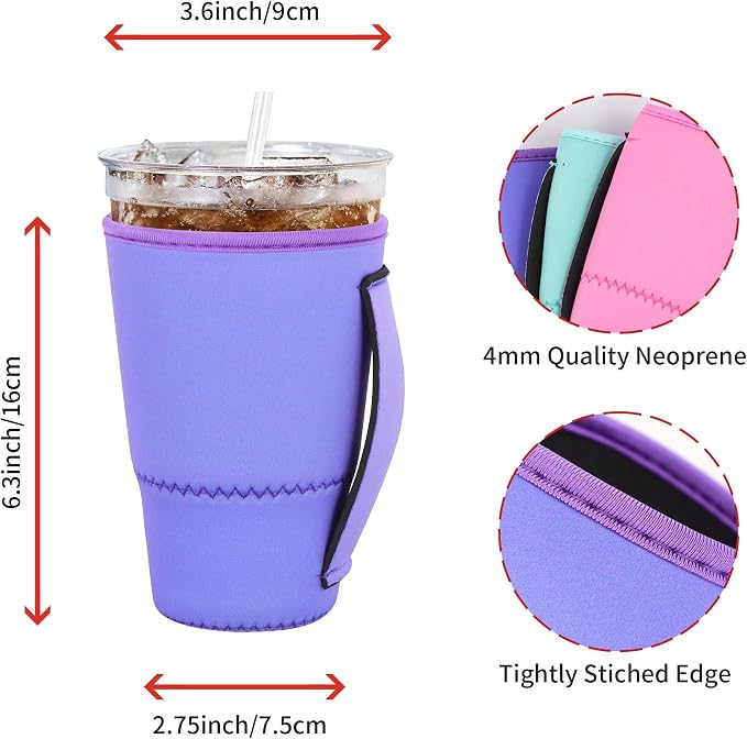 4Pack Iced Coffee Sleeve With Handle, Solid Color | Neoprene, Large Coffee Cups - Image 2