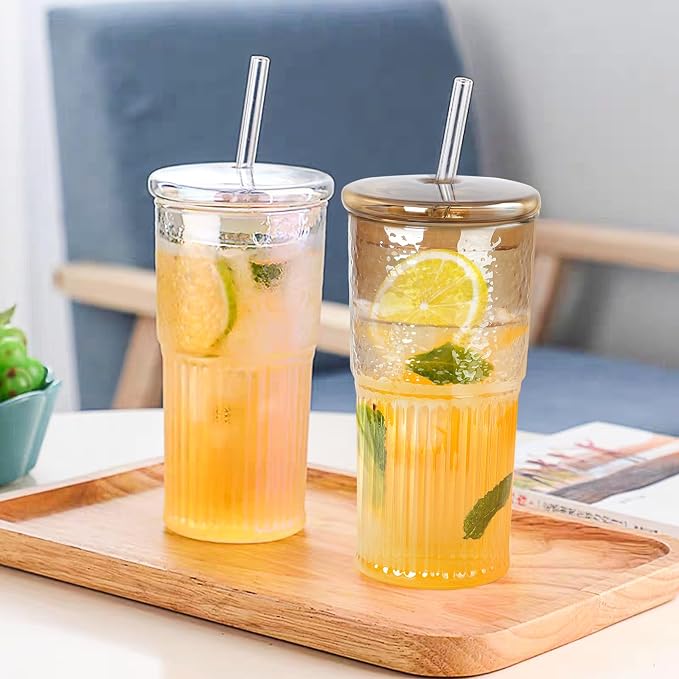 JunVpic Glass Cups with Lids and Straws, Amber 20 OZ Iced Water Glasses Tumblers - Image 4