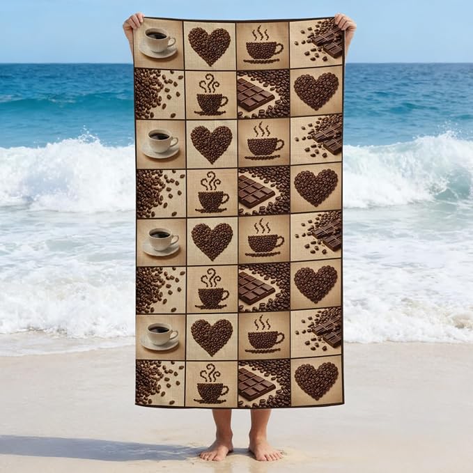 2-in-1 Beach Towel Backpack 31"x63", Heart Shape Coffee Beans Microfiber Bath - Image 3