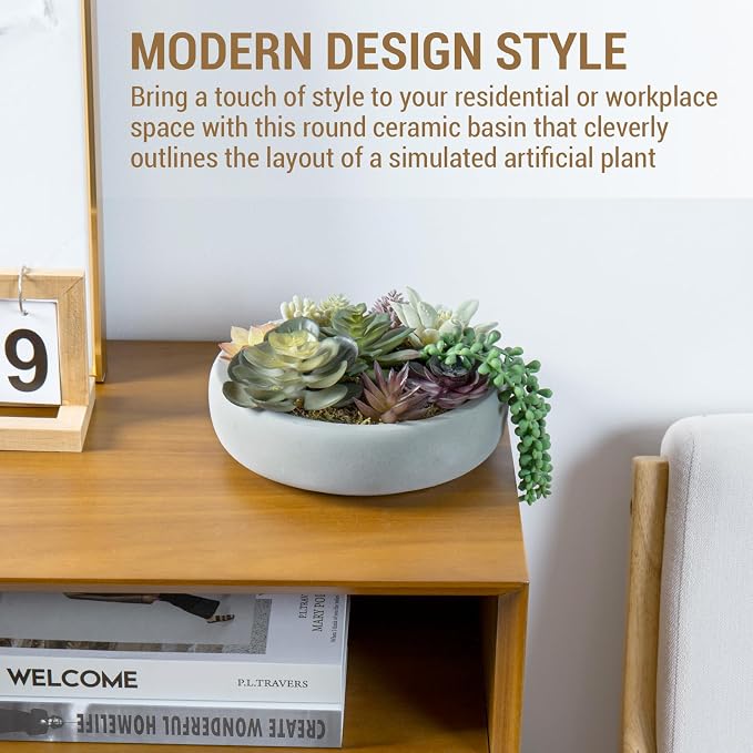MyGift 8 Inch Round Modern Artificial Succulent Arrangement Potted in Gray - Image 2