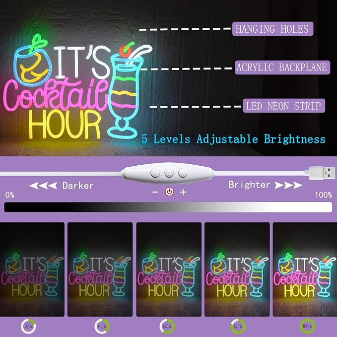 Cocktail Neon Sign It's Cocktail Hour Neon Light USB Dimmable LED Beer Signs - Image 3