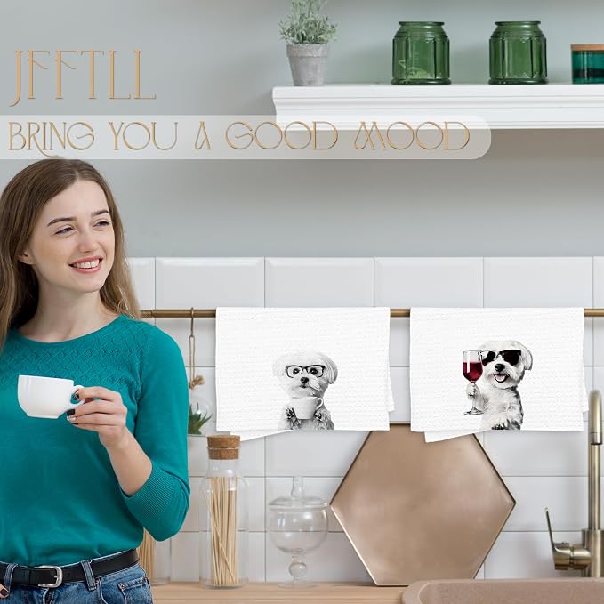 Funny Maltese Kitchen Towels Set of 2, Funny Kitchen Decor, Coffee Station Wine - Image 2