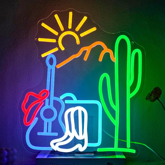 Cactus Sunset Neon Sign Dimmable Western Hat Cowboy Neon Light Sign by Unknown