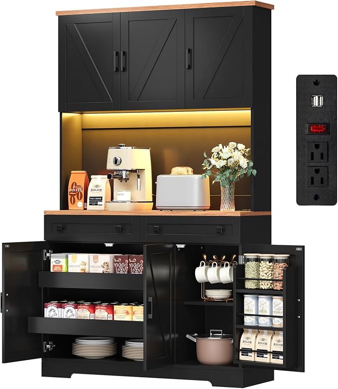 ELYKEN 71" Pantry Cabinet with Charging Station & LED Lights, Tall Kitchen by ELYKEN