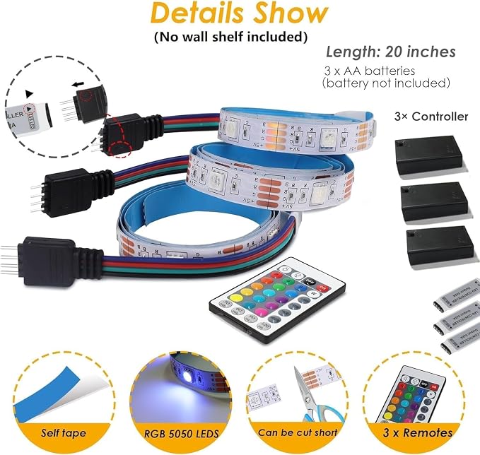 3-Pack Shelf Lights, Upgrade Battery Operated 20inch Led Strip Lights - Image 2