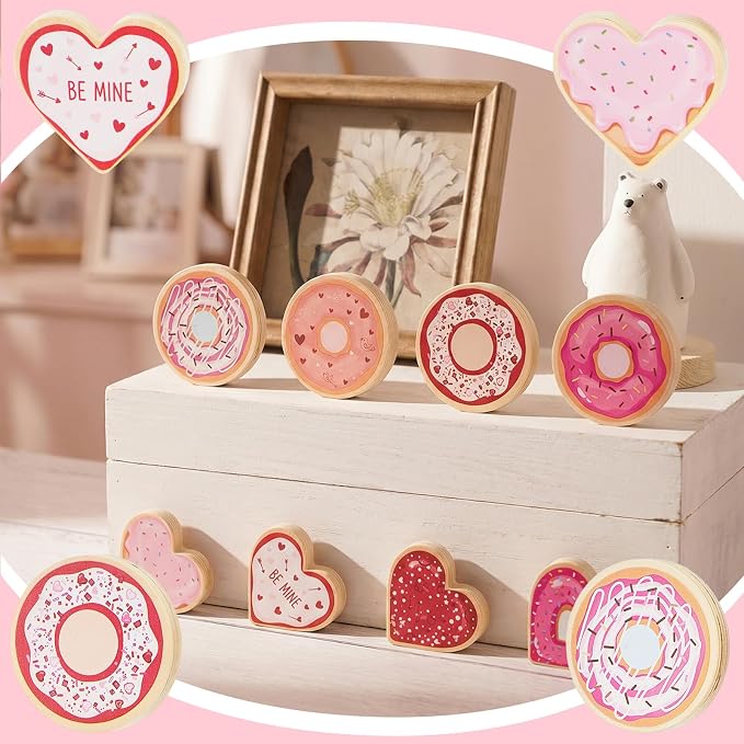 Novabright 8 Pcs Donut & Heart Wooden Tiered Tray Decor, Cute Pink Dessert - Image 3