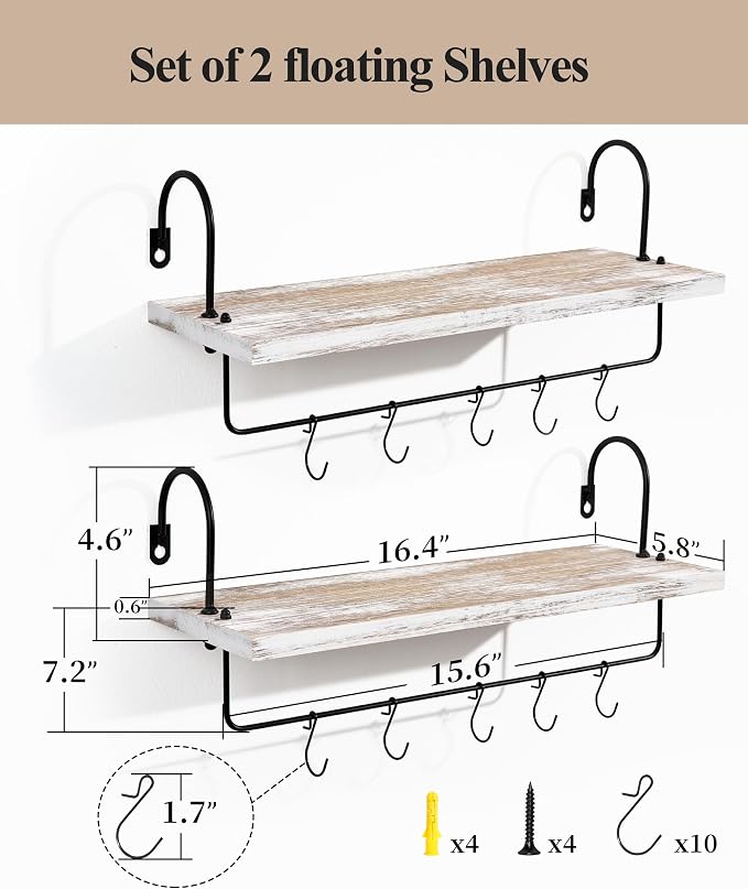 Wall Mount Floating Shelves, Wooden Coffee Bar Hanging Storage Shelf Rustic Cup - Image 3