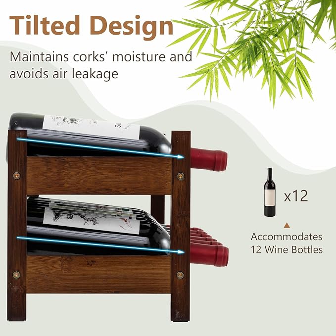 Giantex Bamboo Wine Rack, 2 Tier 12 Bottle Wine Storage Cabinet Shelf, Small - Image 4