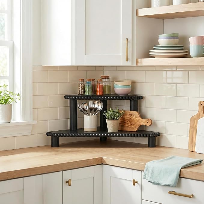 2-Tier Rustic Corner Shelf for Kitchen Counter, Wood Beaded Farmhouse - Image 7