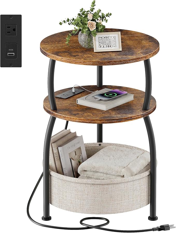 Round Side Table with Charging Station, USB Type C Port, 3 Tiers Sofa Couch by designyourhome