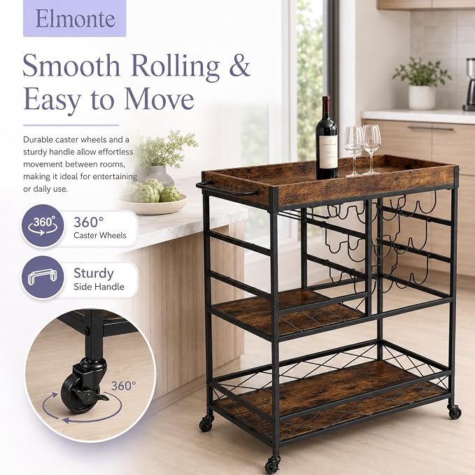 Elmonte Wine & Bar Cart with Wheels – 3-Tier Rolling Cart with 12-Bottle Rack & - Image 5