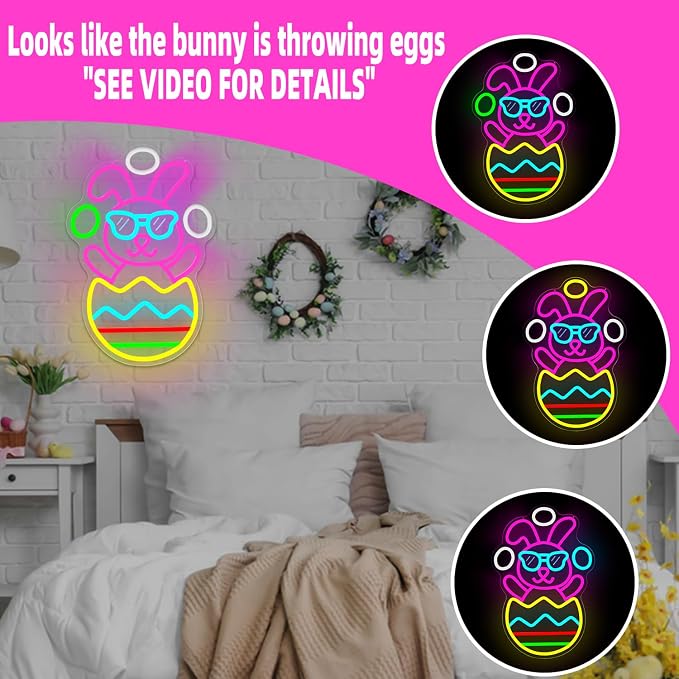 Easter Neon Sign for Wall Decor Bunny Throwing Eggs Led Sign Animated Bunny - Image 3