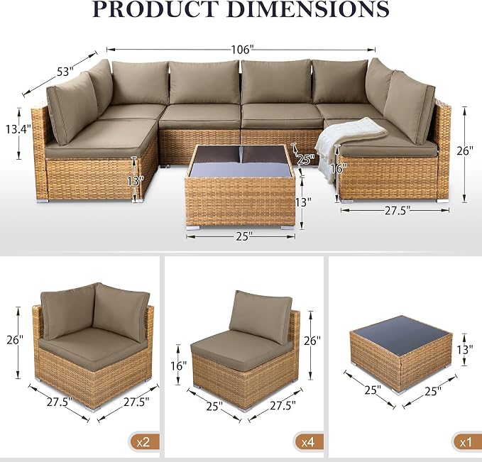 NOBLEMOOD 7 Pieces Patio Furniture Set, All Weather Outdoor Rattan Conversation - Image 2
