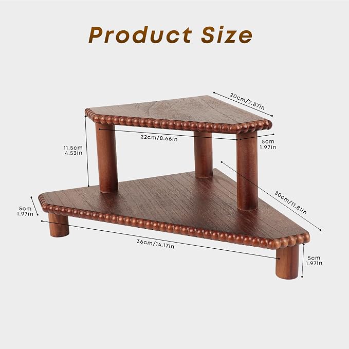 2-Tier Rustic Corner Shelf for Kitchen Counter, Wood Beaded Farmhouse - Image 3