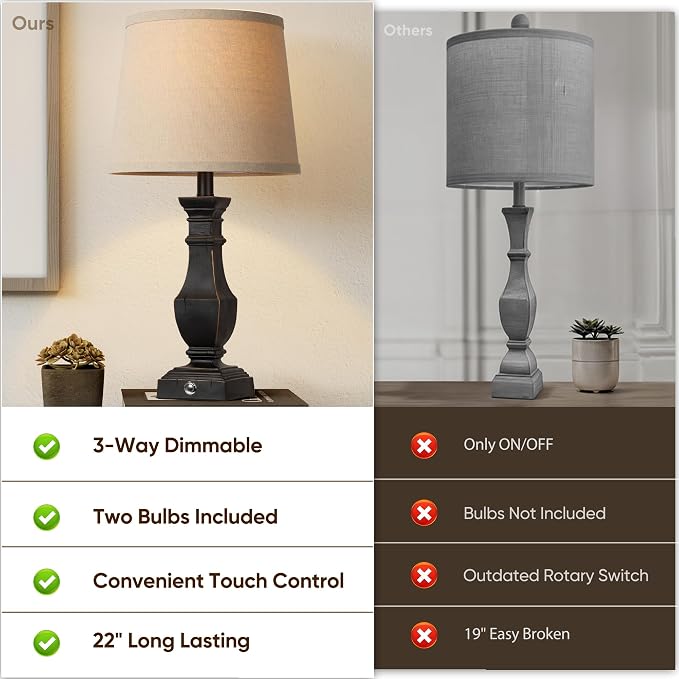 ROTTOGOON Dimmable Table Lamps Set of 2, Rustic Farmhouse Table Lamps - Image 4