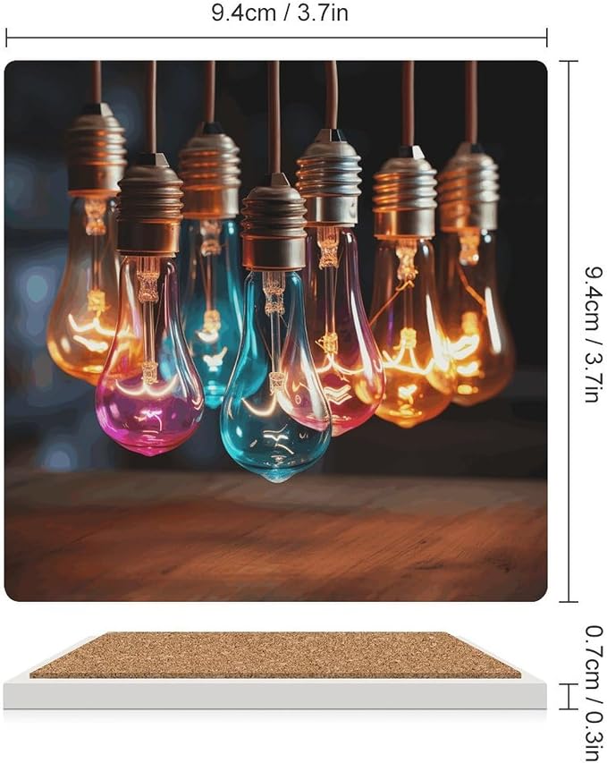 A String of Colored Light Bulbs Ceramic Coasters, Square Drink Coaster Set of 6 - Image 5