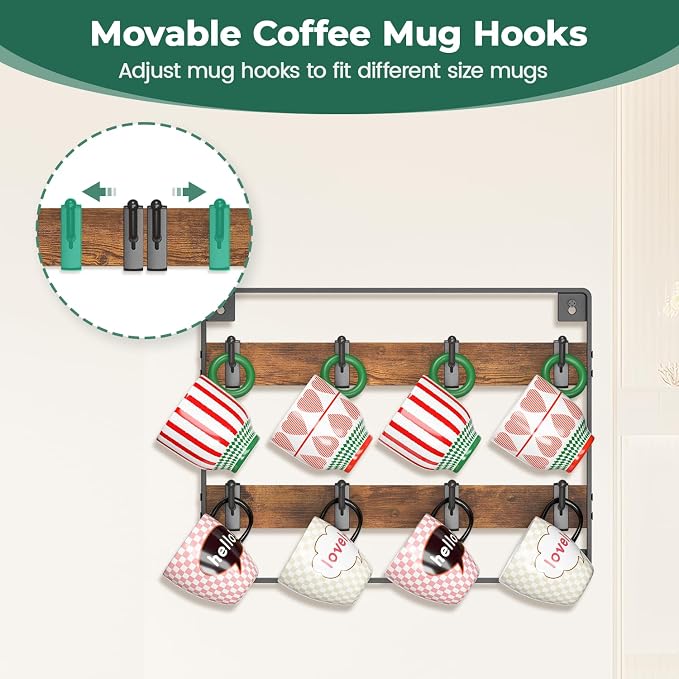 EsLuker.ly Mug Holder Hanger Rack Wall Mounted Wooden 3 Pack Coffee Cup Storage - Image 2
