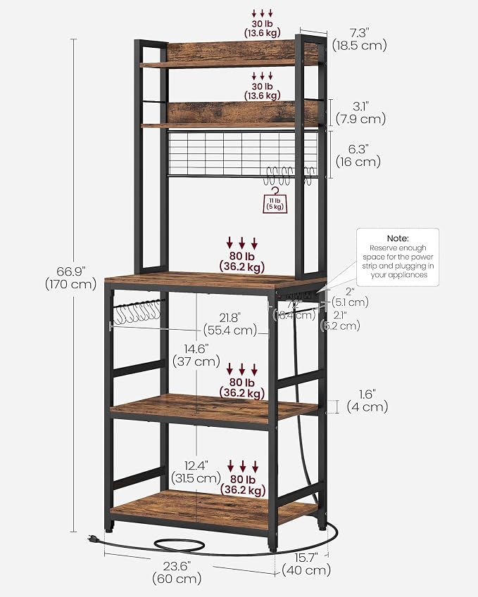 VASAGLE Bakers Rack with Power Outlet, Microwave Stand, Kitchen Tall Utility - Image 3