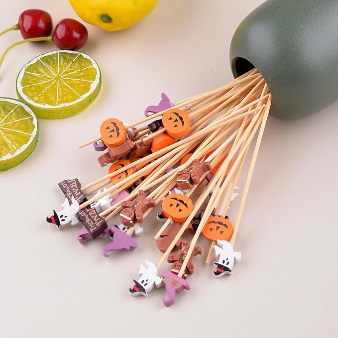 Halloween 100pcs Cocktail picks Bamboo Handmade Sticks Wooden Toothpicks - Image 6