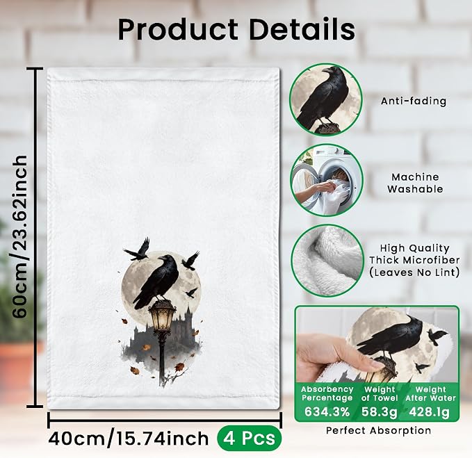 CUTHOLLOW Retro Gothic Crow Decorative Kitchen Towels Set of 4, 15.74"x23.62" - Image 2