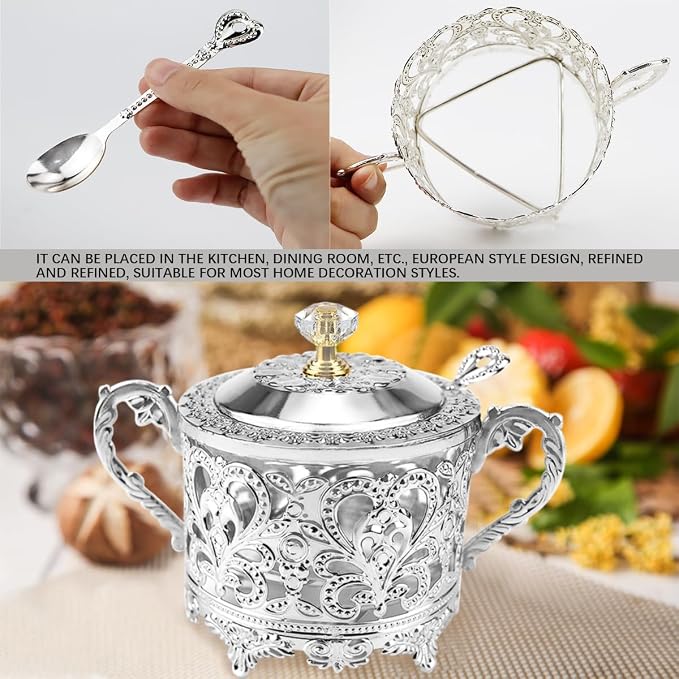 Glass Sugar Bowl with Lid and Spoon Vintage Kitchen Food Canister Condiment Pot - Image 6