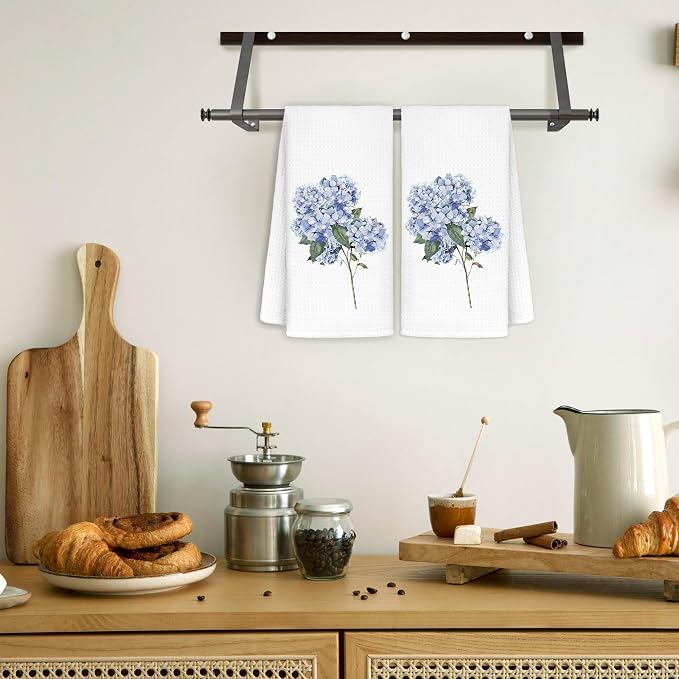 Light Blue Hydrangea Flowers Floral Kitchen Towels Set of 2 - Image 3