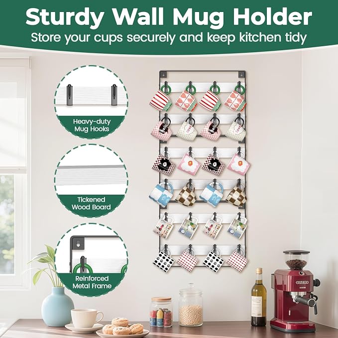 EsLuker.ly Mug Holder Hanger Rack Wall Mounted Wooden 3 Pack Coffee Cup Storage - Image 6