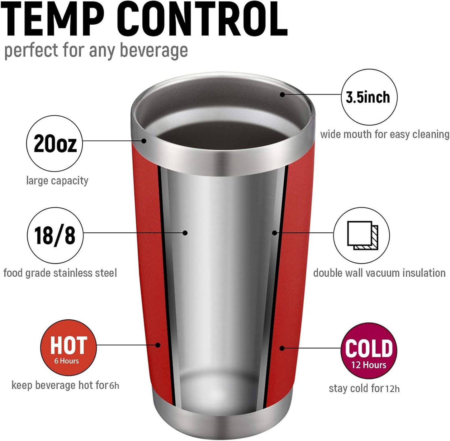 COMOOO 20oz Double Wall Vacuum Insulated Travel Mug, Stainless Steel Tumbler with Lid and Straw Durable Powder Coated Insulated Coffee Cup for Cold & Hot Drinks (Red, 8 PACK)