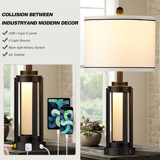 25" Modern Table Lamps Set of 2, Industrial Beside Lamps - Image 3
