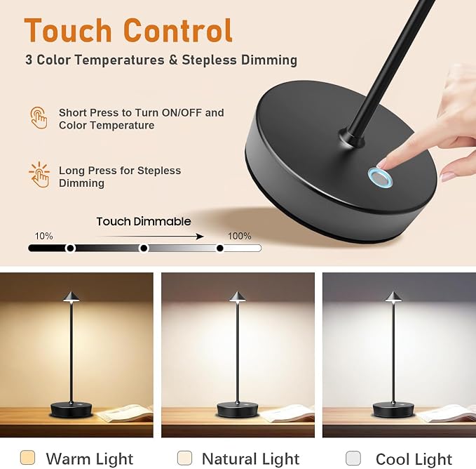 Set of 2 Rechargeable Cordless Table Lamp, 6000mAh LED Battery Operated Desk - Image 3