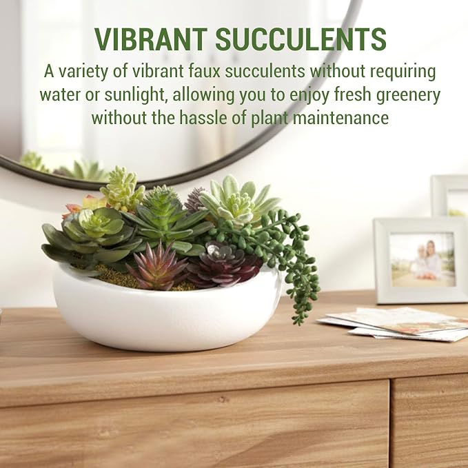 MyGift 8 Inch Round Modern Artificial Succulent Arrangement Potted in White - Image 3