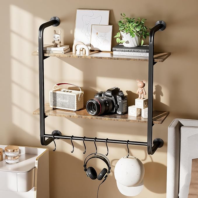 2 Tier Industrial Pipe Floating Shelf, Coffee Bar Shelves Display Bookshelf - Image 5