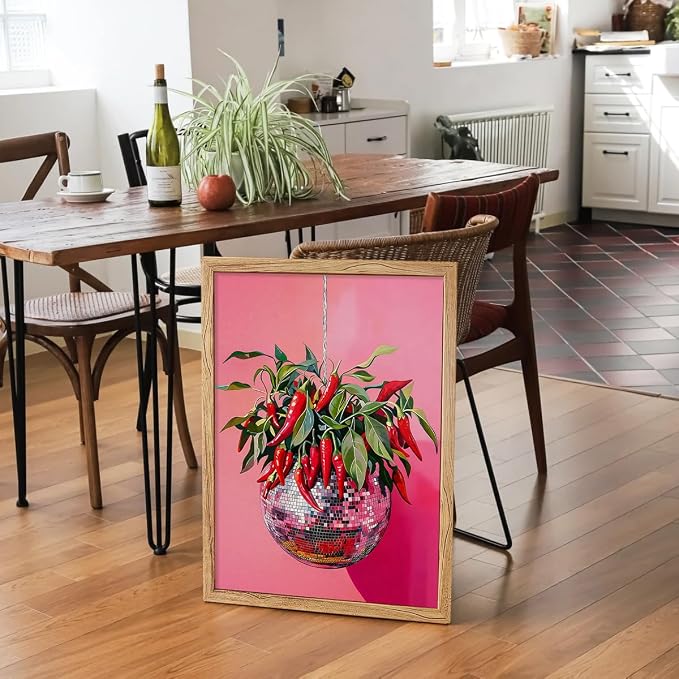 Framed Disco Ball With Red Chili Pepper Wall Art 08x10 inch Funky Whimsical - Image 3