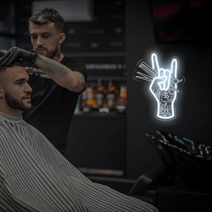 Stylish Hand Holding Scissors and Comb Peace Neon Sign, Hair studio Led - Image 7