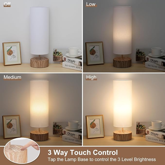 Touch Table Lamp with Metal Base Covered with Wood Grain, 3 Way Dimmable - Image 3