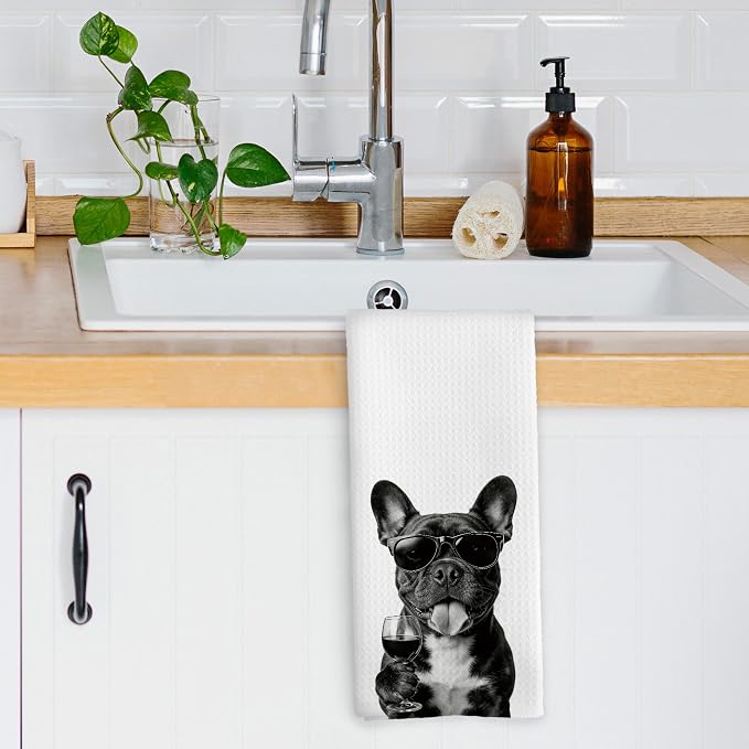 Funny French Bulldog Wine Bar Kitchen Dish Towels, French Bulldog Gifts - Image 3