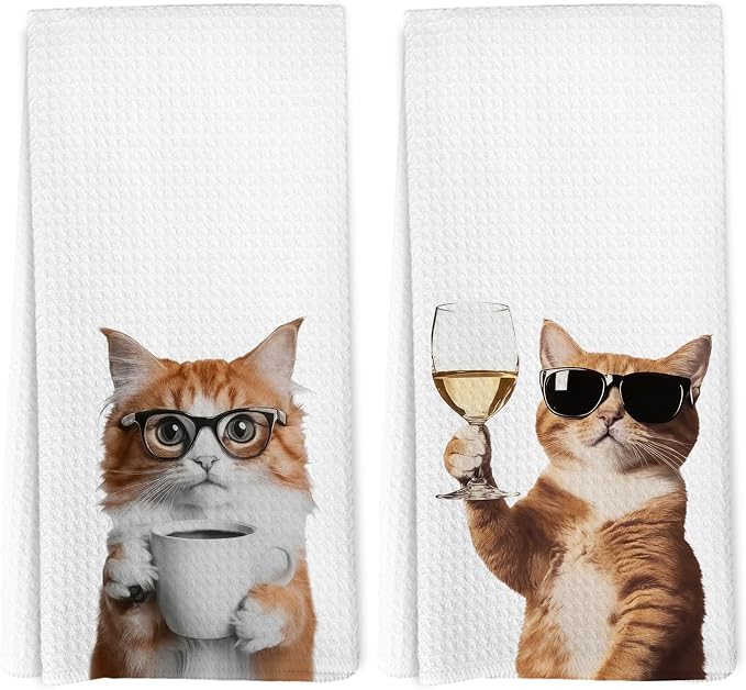 Funny Cat Coffee Wine Kitchen Towels, Funny Kitten Coffee Wine Dishcloths Dish by EGBTL