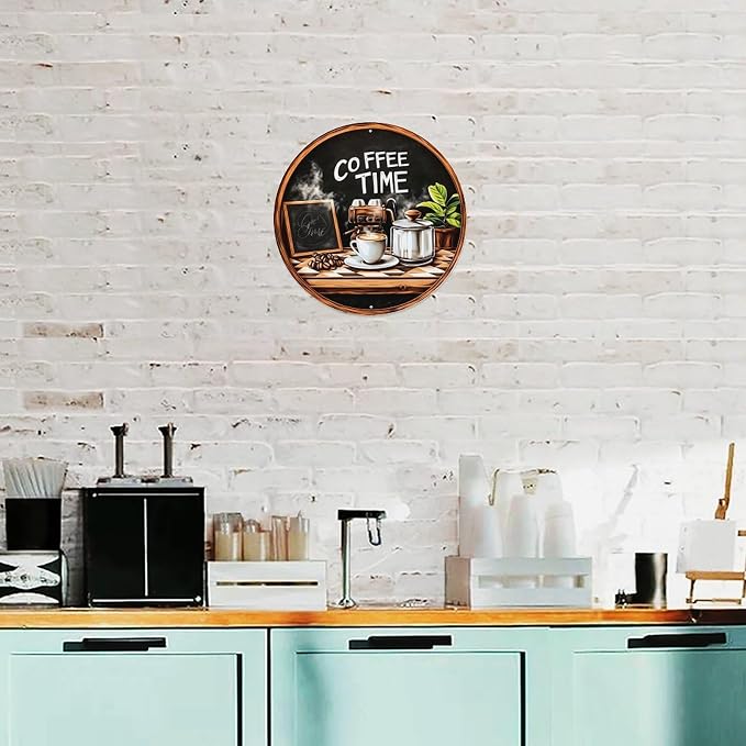 Coffee Time Chalkboard Coffee Maker Cup Beans Plant Round Tin Sign Vintage - Image 4